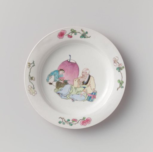 Plate with an old man and his attendant among perious objects