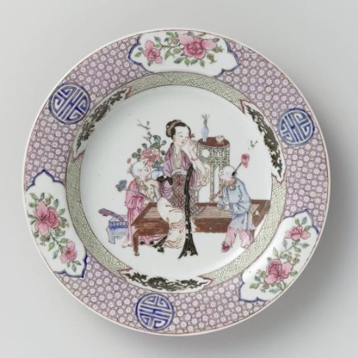 Deep plate with a woman and two boys among precious objects