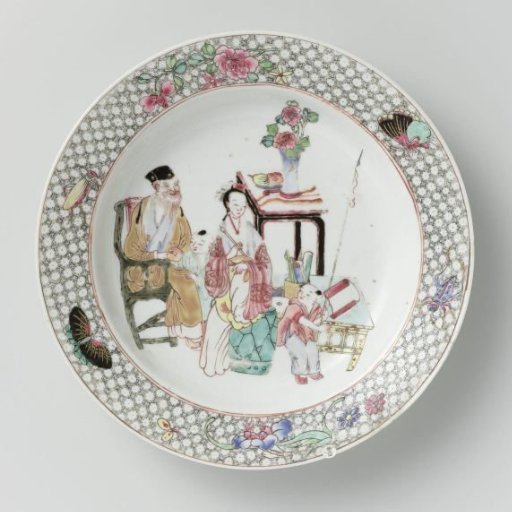 Soup plate with an old man, a woman and two boys among precious objects