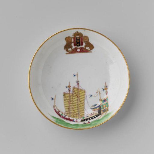 Saucer with a Chinese junk and the arms of Amsterdam