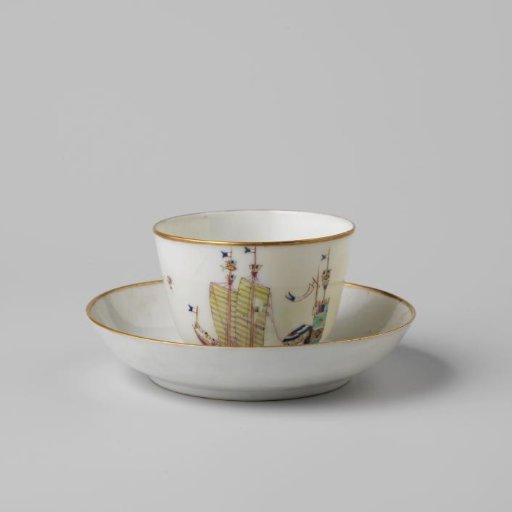 Cup and saucer with a Chinese junk and the arms of Amsterdam