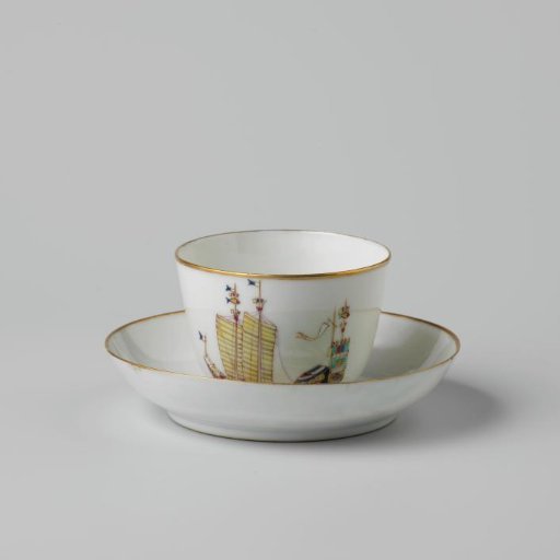 Cup and saucer with a Chinese junk and the arms of Amsterdam