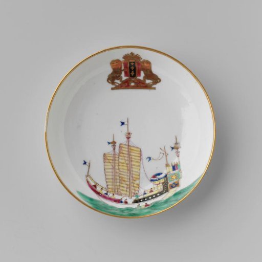 Saucer with a Chinese junk and the arms of Amsterdam