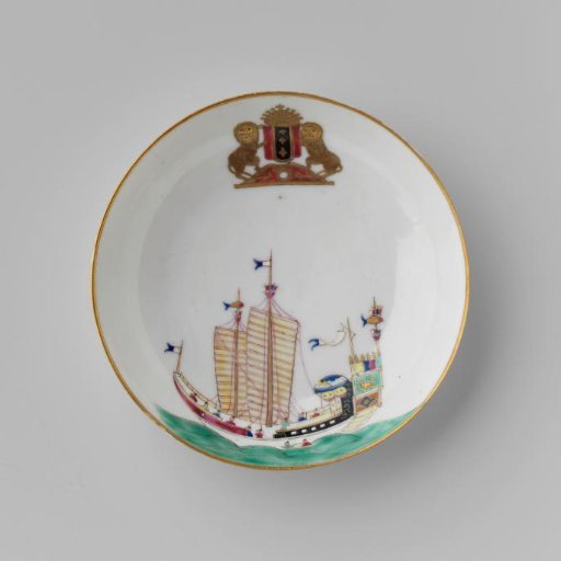 Saucer with a Chinese junk and the arms of Amsterdam