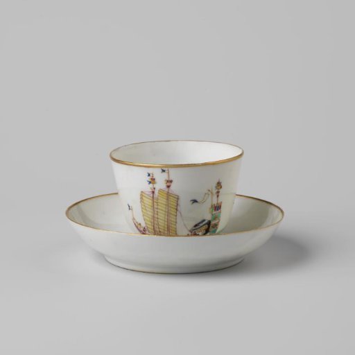 Cup and saucer with a Chinese junk and the arms of Amsterdam