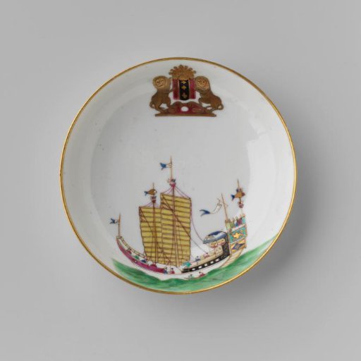 Saucer with a Chinese junk and the arms of Amsterdam