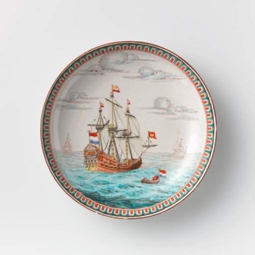 Saucer-dish with ships bearing Dutch flags and the arms of Zeeland