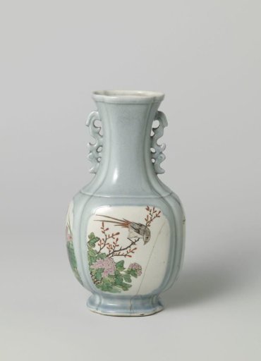 Vase with flowering plants, bird and butterfly