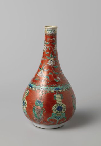 Bottle vase with tassels, vases and floral scrolls