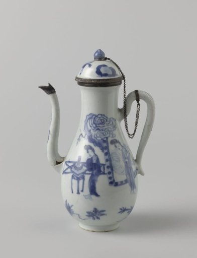 Pear-shaped milk jug with women and boys, silver mounts