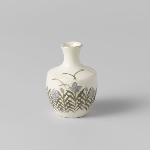 Bottle vase with flowering plants and butterflies