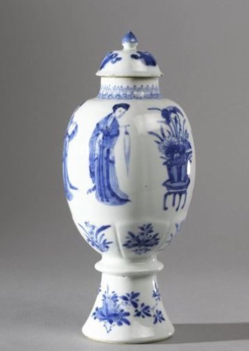 Ovoid covered vase with women, flower sprays and vases