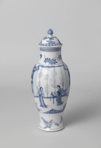 Baluster covered vase with women in a fenced garden