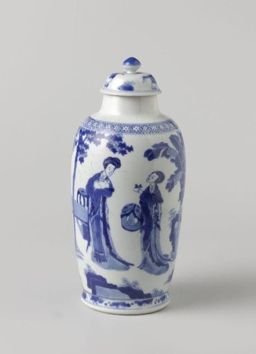 Ovoid covered jar with women in a garden