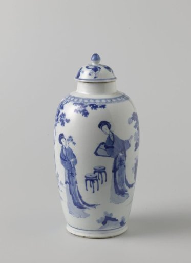 Ovoid covered jar with women in a garden