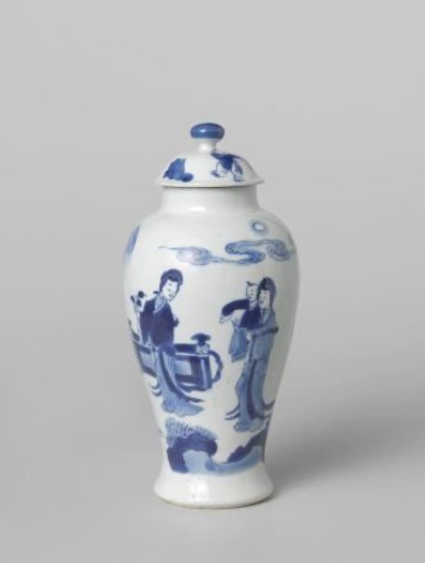 Covered jar with women and boys in a fenced garden