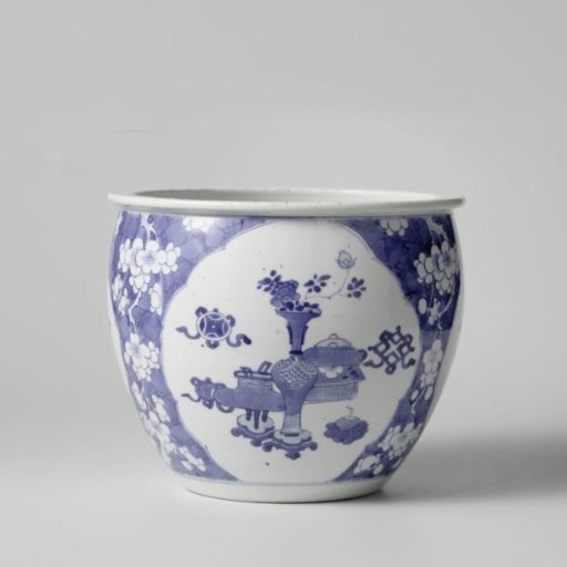 Flowerpot with panels and prunus sprays on crackled ice ground
