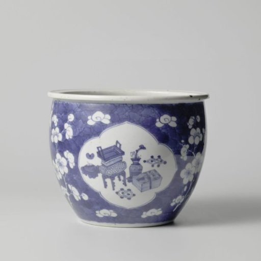 Flowerpot with panels and prunus sprays on crackled ice ground