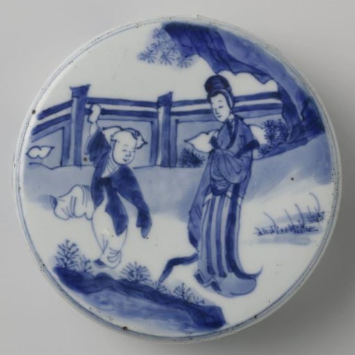 Ovoid covered jar with fluted sides and figures in medallions