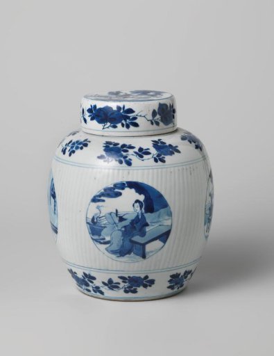 Ovoid covered jar with fluted sides and figures in medallions