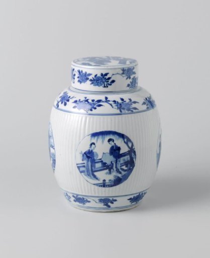 Ovoid covered jar with fluted sides and figures in medallions