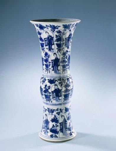 Gu-shaped beakervase with women and flower pots in panels