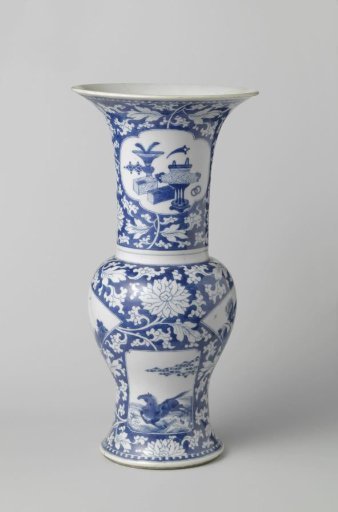 Baluster beaker vase with flower scrolls and panels in reserve