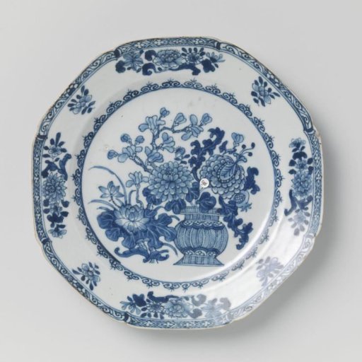 Octagonal plate with vase and flower sprays