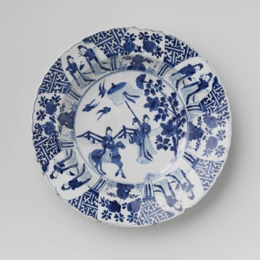 Dish with women in a fenced garden and flowering plants near a rock
