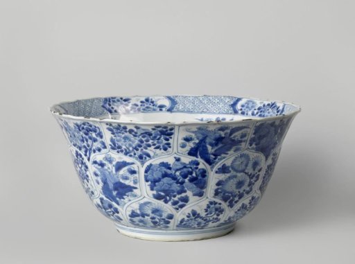Bell-shaped bowl with flowering plants in petal-shaped panels