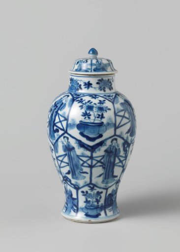 Covered jar with women and flower pots in panels