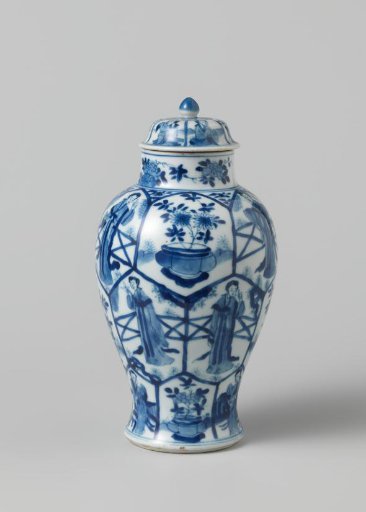 Covered jar with women and flower pots in panels