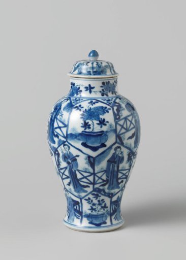 Covered jar with women and flower pots in panels