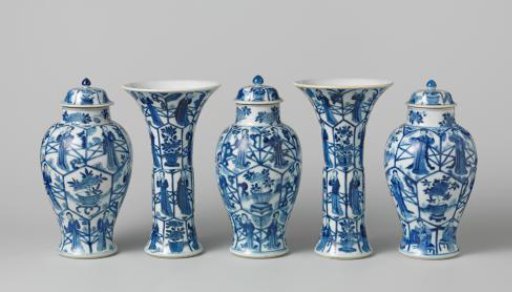 Dish with a standing woman, and a garniture consisting of two vases and three pots