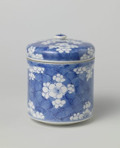 Cylindrical covered jar with flower-heads in reserve