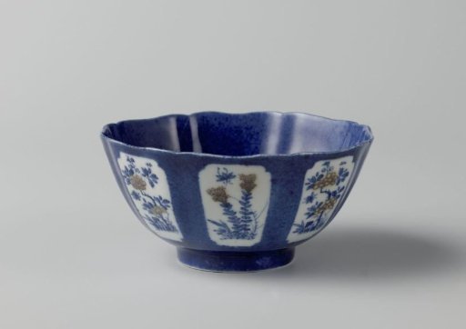 Bowl with powder blue and panels in reserve with flowering plants