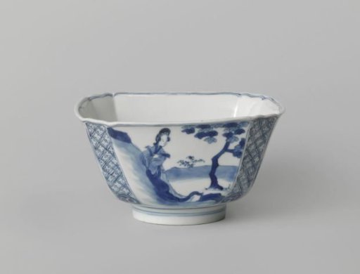 Square bowl with women in a landscape