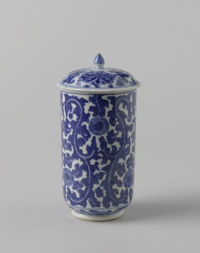 Covered cylindrical beaker with leaf-motif