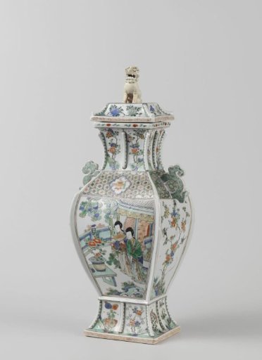 Rectangular, covered, baluster vase in the shape of a bronze vessel with two ladies on a terrace