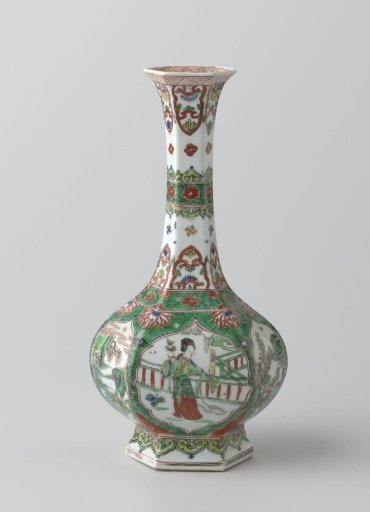 Hexagonal vase with women, landscapes and precious objects in panel decoration
