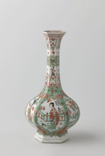 Hexagonal vase with women, landscapes and precious objects in panel decoration