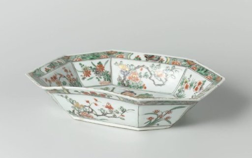 Oblong, octagonal dish with flowers, birds and insects