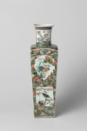 Vase with flower sprays and animals in cartouches in reserve on an aubergine speckled ground