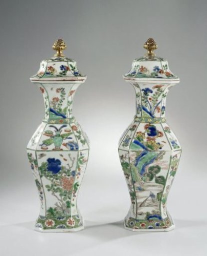 Covered, baluster jar with panel decoration and gilt brass finial
