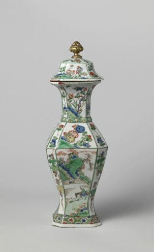 Covered, baluster jar with panel decoration and gilt brass finial