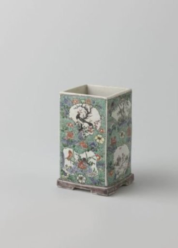 Square brushpot with fish, flower sprays and landscapes in panel decoration
