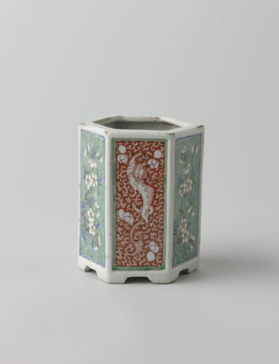 Hexagonal brush pot with prunus sprays and dragons
