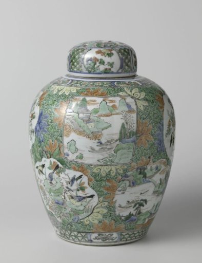 Covered jar with landscapes, flowers and birds