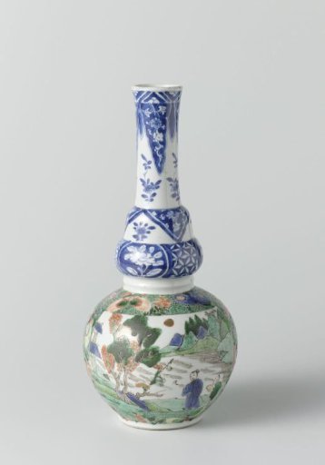 Bottle vase with landscape, bird on branch and neck decoration in underglaze blue