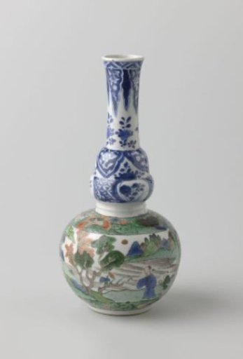 Bottle vase with landscape, bird on branch and neck decoration in underglaze blue